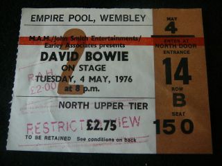 David Bowie Concert Ticket Empire Pool Wembley 1976 (j1/10) Rl