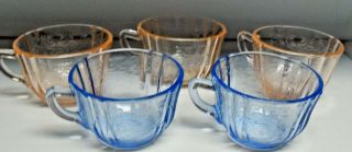 3 Vintage Pink & 2 Blue Depression Glass Cups - Madrid Pattern By Federal