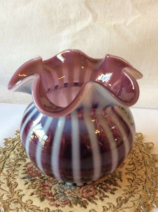 Fenton Purple Plum Opalescent Rib Optic Striped Rose Bowl 2