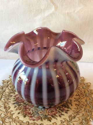 Fenton Purple Plum Opalescent Rib Optic Striped Rose Bowl 3