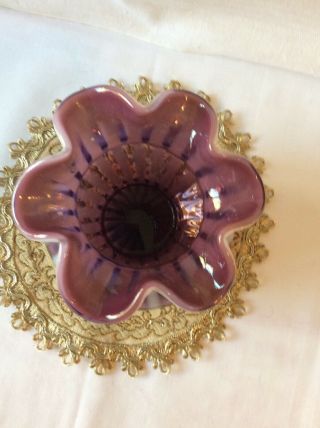 Fenton Purple Plum Opalescent Rib Optic Striped Rose Bowl 4