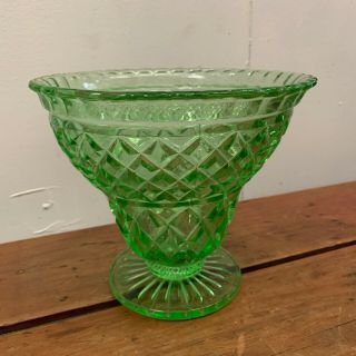 Vintage Uranium Glass Green Bowl Vase Rare Art Deco Mcm Design Cut Carnival