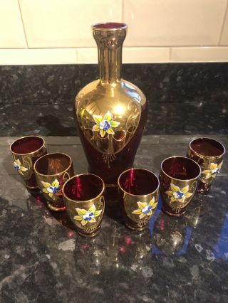 Vintage Murano Glass Red&gold Lustre Set Of Decanter And Six Glasses