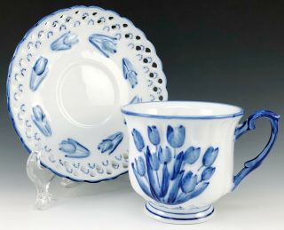Delftware Royal Twickel Ter Steege Holland Handpainted Blue Tulip Tea Cup Saucer