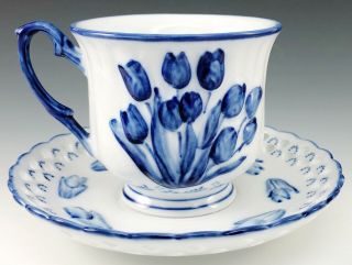 Delftware Royal Twickel Ter Steege Holland Handpainted Blue Tulip Tea Cup Saucer 4
