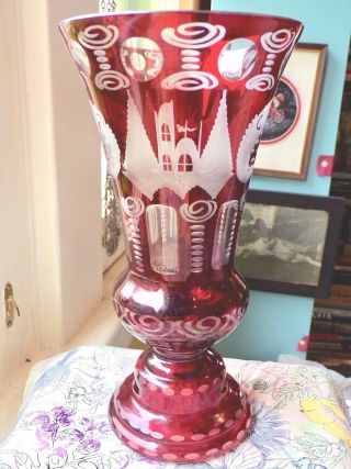 Antique Egermann Art Glass Ruby Cut To Clear Glass Vase - Signed - 3 Days Shippng