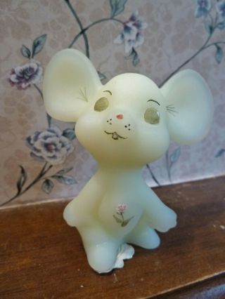 Fenton Green Satin Art Glass Mouse Figurine Hand Painted Signed T.  Watson - Exc