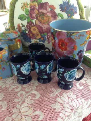 Set Of 4 Blue Flower Hand Painted Coffee Cups Mugs & Mackenzie Childs Napkin