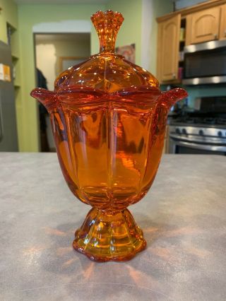 Vintage Viking Amberina Red Orange Glass Pedestal Covered Compote Candy Dish Lid