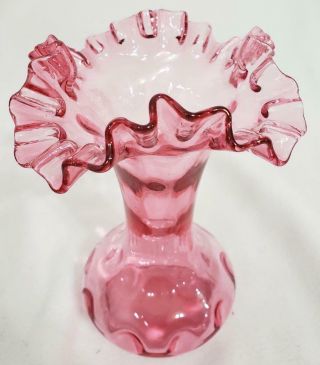 Vintage Fenton Cranberry Coin Dot Glass Vase Ruffled Top 8 "