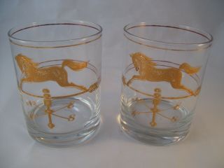 Vtg Culver Barware (2) Double Old Fashioned Glasses 22k Gold Horse Weather Vane