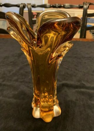 Vintage Heavy Amber Pulled Glass Murano Vase 10” Tall
