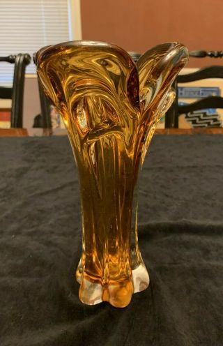 Vintage Heavy Amber Pulled Glass Murano Vase 10” Tall 3