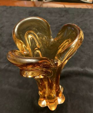 Vintage Heavy Amber Pulled Glass Murano Vase 10” Tall 4