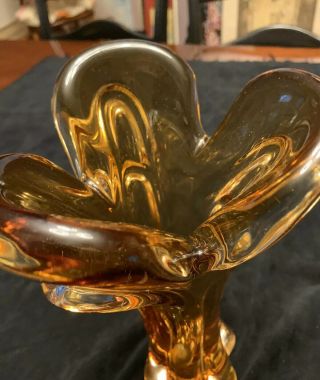 Vintage Heavy Amber Pulled Glass Murano Vase 10” Tall 5