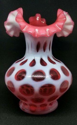 7 " Vintage Fenton Cranberry Opalescent Art Glass Vase Ruffled Vase Coin Dot
