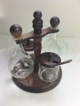 Vintage Glass 6” Cruet Oil Vinegar Bottles With Stopper On Wooden Tray Japan Mcm