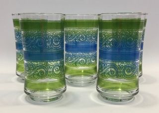 Set Of 5 Vintage Libbey 12 Oz Beverage Tumbler Glasses Blue Green Swirl Scroll