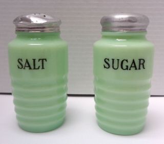 Vintage 4 ¾ " Jeannette Ribbed Jadeite Depression Glass Salt & Sugar Shakers