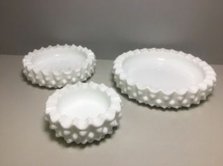 3 Piece Fenton Hobnail Milk Glass Nesting Ashtrays Or Candy/nut Dishes
