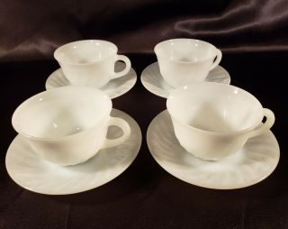 Vintage Anchor Hocking Fire King White Swirl Cups And Saucers Set Of 4