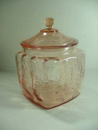 Federal Depression Glass: Cookie Jar W Cover: Madrid Pattern In Pink: 1930 