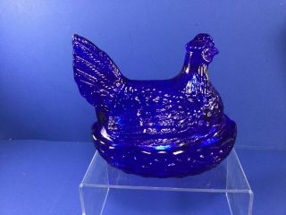 Vintage,  L.  E.  Smith ' Cobalt Blue ' Glass Hen on a Nest w/ Peeps Covered Dish 4