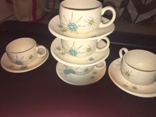 Midcentury Franciscan Atomic Starburst Set Of 4 Coffee Cups And Saucers