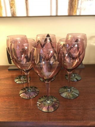 Six (6) Colony Glass Brigitte Wine Glass Rose Iridescent Teal Green Stem