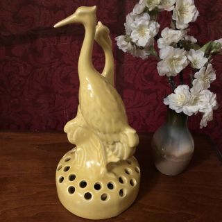 Carmark Pottery Art Vintage Crane Heron Stork Yellow Flower Frog 10.  5” Tall