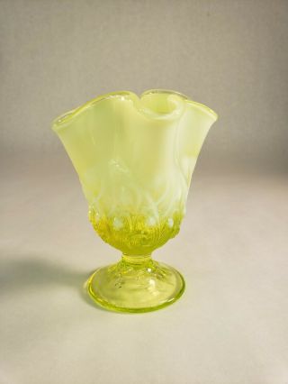 Fenton Yellow Topaz Opalescent Vaseline Glass Footed Vase