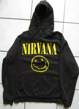 Nirvana Smiley Face Hoodie Black Pullover Sweater Jumper Size Large