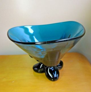 Vintage Mid Century Mod Viking Art Glass 3 Toed Foil Bowl Ocean Blue Teal