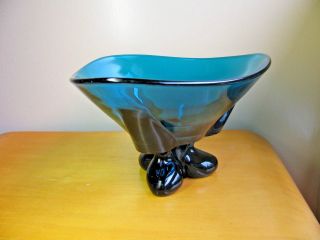 Vintage Mid Century Mod Viking Art Glass 3 toed foil BOWL Ocean Blue Teal 2