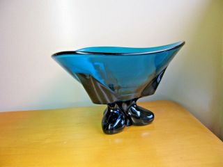 Vintage Mid Century Mod Viking Art Glass 3 toed foil BOWL Ocean Blue Teal 3