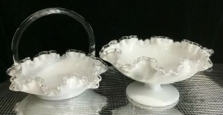 Set Of 2 Fenton Silver Crest Milk Glass Ruffled White Basket Candy Dish Vintage