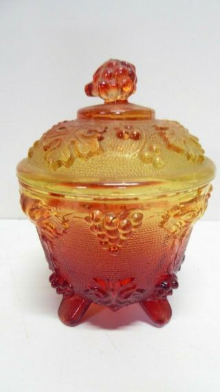Vintage Pressed Glass Grape Vine Pattern Lidded Sugar Bowl Red Yellow Tangerine