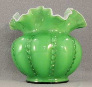 1948 - 1953 Fenton Green Beaded Melon Overlay Vase (g324)