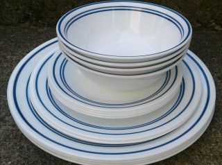 14 Pc Corelle Classic Cafe Blue Stripe 4 Dinner 2 Lunch 4 Bread 4 Cereal Bowls