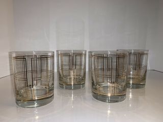 Georges Briard Signature Rocks Glass Set (4) Gold Plaid Mid Century Modern Mcm