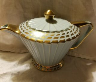 Vintage Sadler England Fluted Soft Blue & Gold Art Deco Teapot Signed