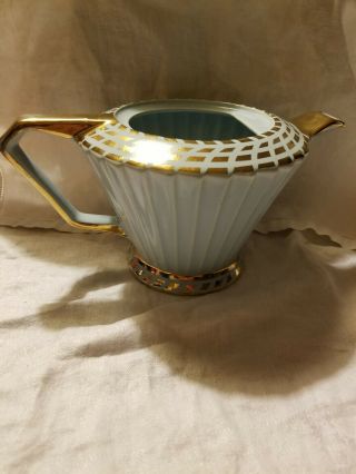 Vintage SADLER England Fluted Soft Blue & Gold Art Deco Teapot Signed 6