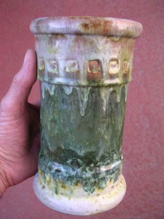 7 7/8 " Italian Art Pottery Drip Glaze Vase Signed Italy Color Green Mauve Yellow