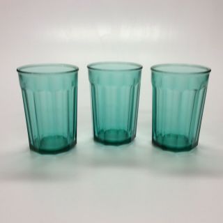 Set Of 3 Vintage Luminarc Teal Aqua Tumbler 10 Panel Glasses - Arcoroc France