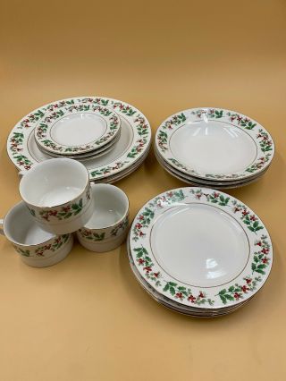 Christmas Charm Gibson Everyday Holly & Berry Dinner Set For 3 Dinnerware China