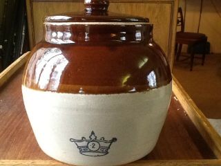 Vintage Robinson Ransbottom 2 Bean Pot - Blue Crown Crock With Lid -