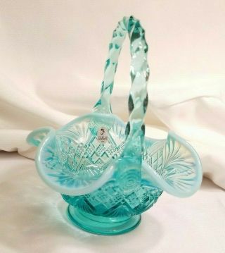 Fenton Art Glass Basket In Robins Egg Blue Opalescence Twisted Handle