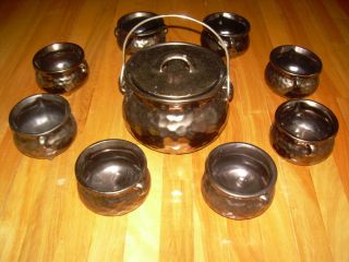 Rare Vintage Full Set 8 Bowls Mccoy Pottery Copper Bean Pot With Lid And Handle
