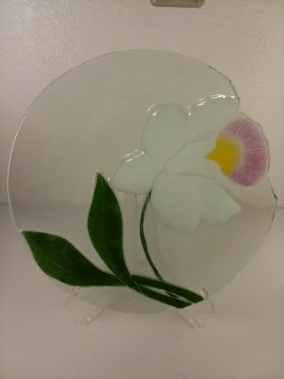 White Daffodil Flower Fused Art Glass 11 1/2” Plate Artist Signed