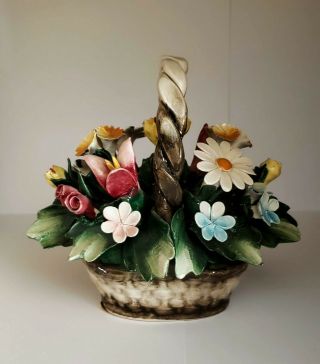 Italian Mollica Capodimonte Porcelain Basket Of Flowers With Handle